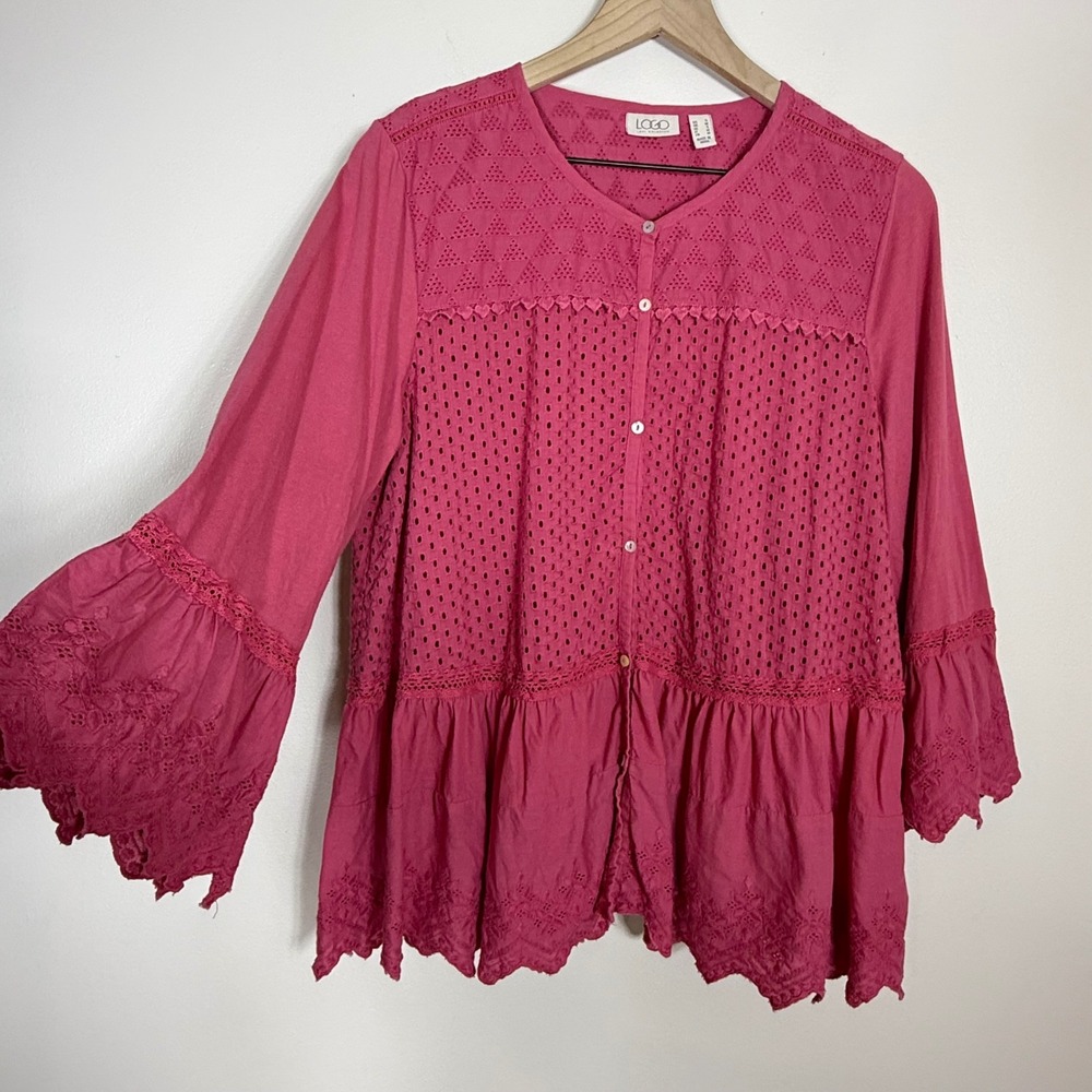 LOGO Lori Goldstein Women Embroidered Eyelet Top S Pink Flare Sleeve Shabby Chic